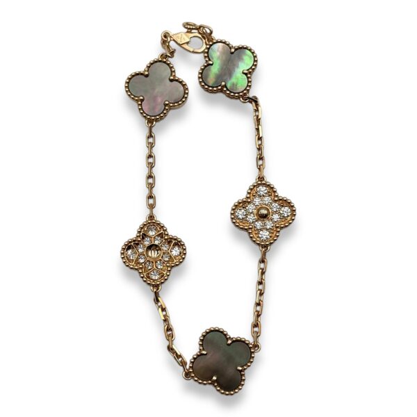 Vintage Alhambra, 5 Motifs Bracelet in Mother-of-Pearl/Diamonds, Grey, Rose Gold Hardware - Image 3