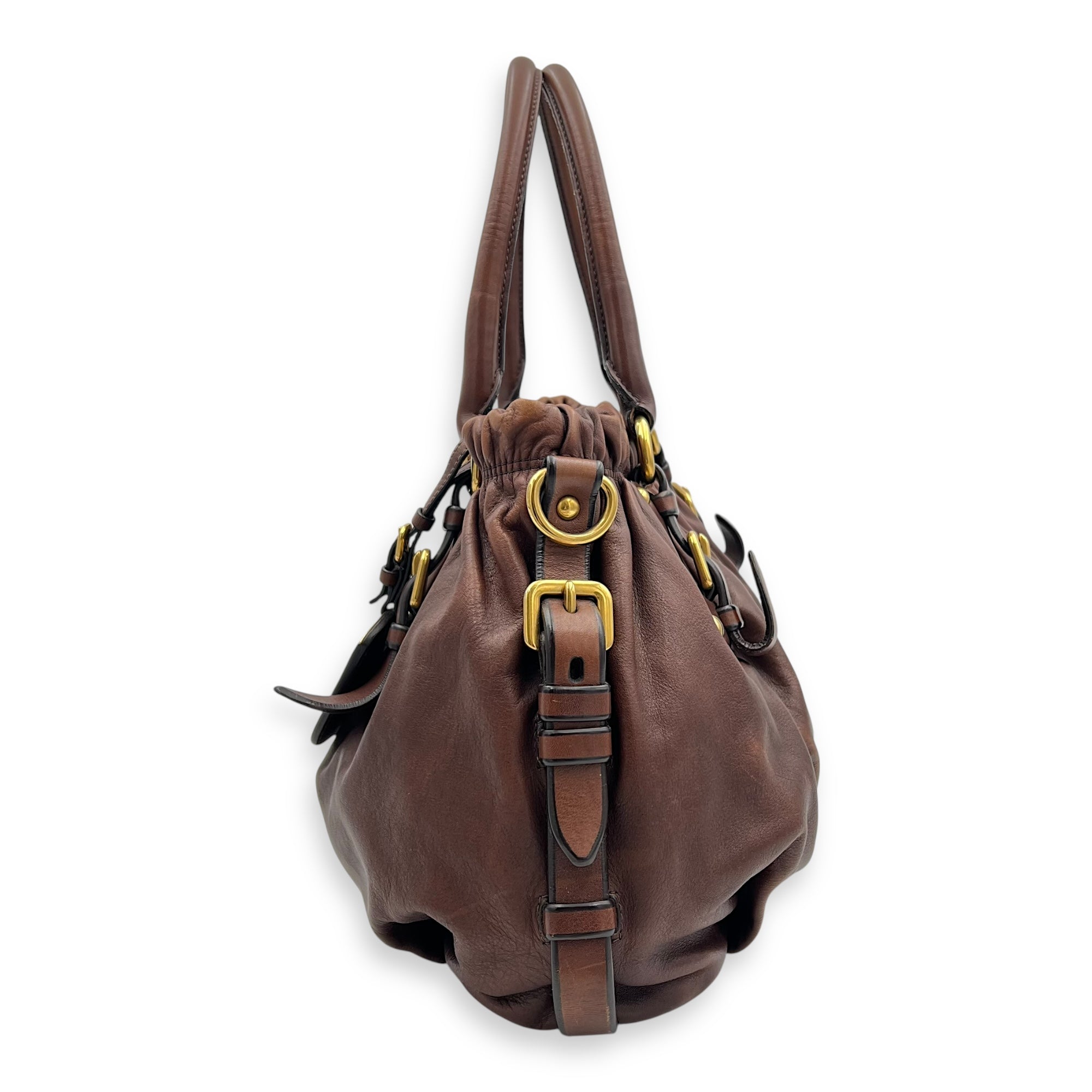 Logo Top Handle Bag Brown in Calfskin, Gold hardware - Image 4
