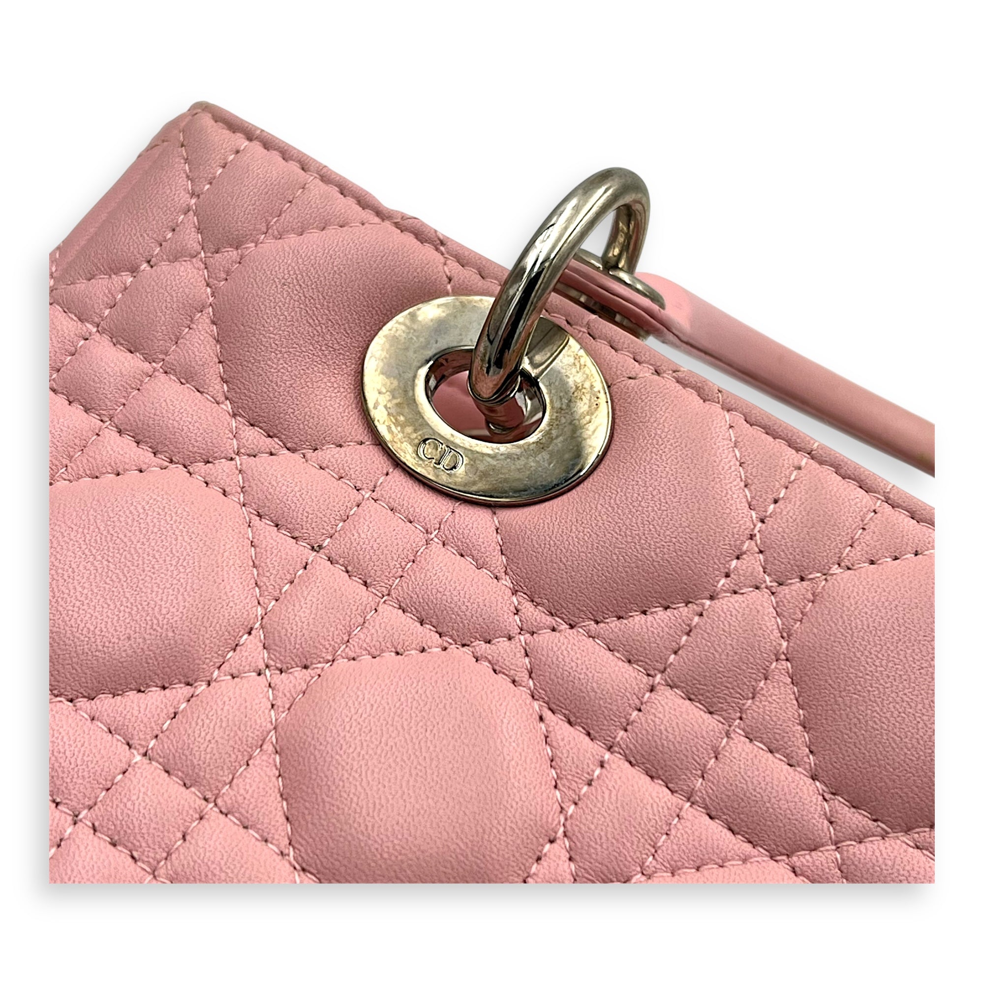 Lady Dior Top Handle Bag Medium Pink in Calfskin, Silver hardware - Image 11