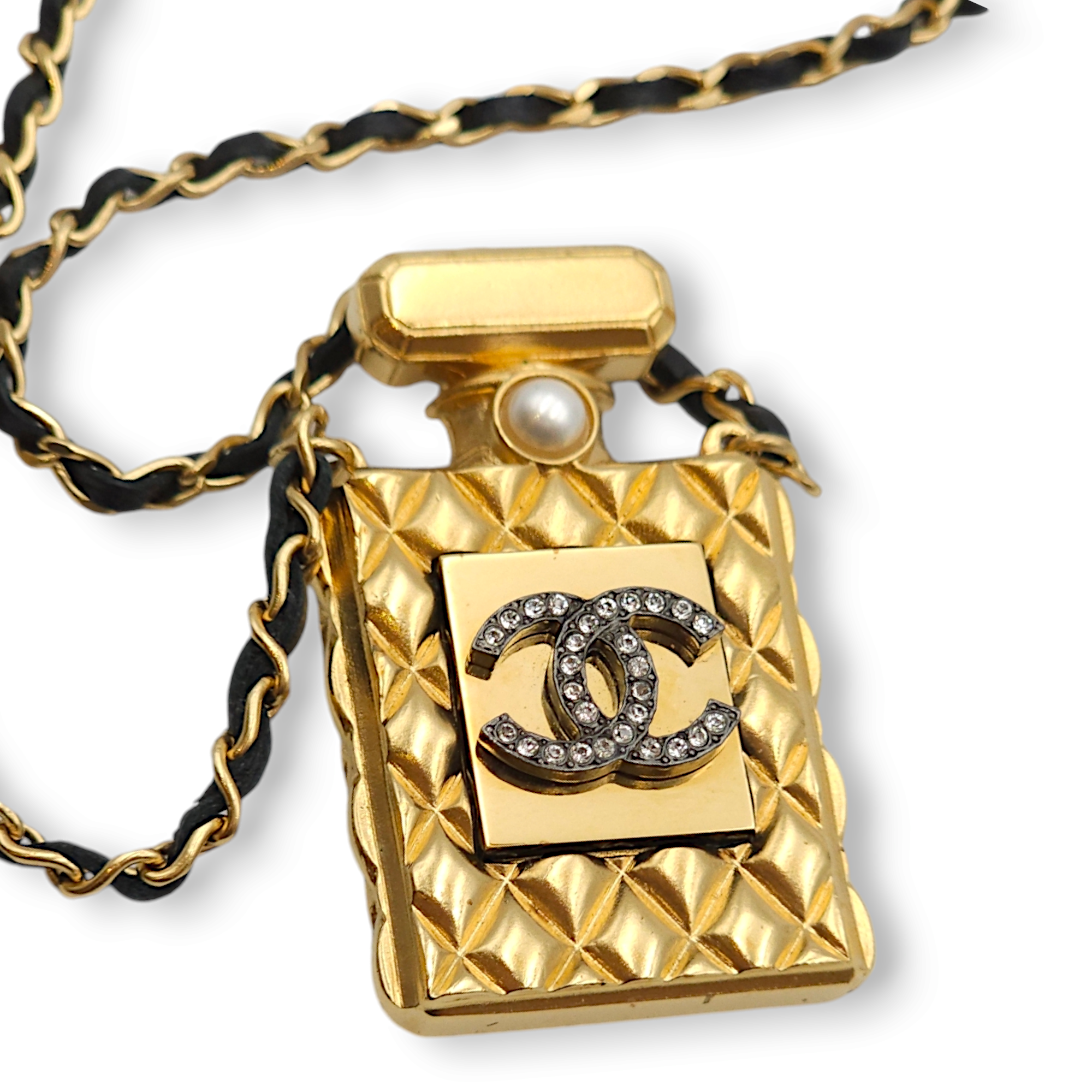Coco Perfume Bottle Black Necklace in Lambskin, Gold hardware - Image 5