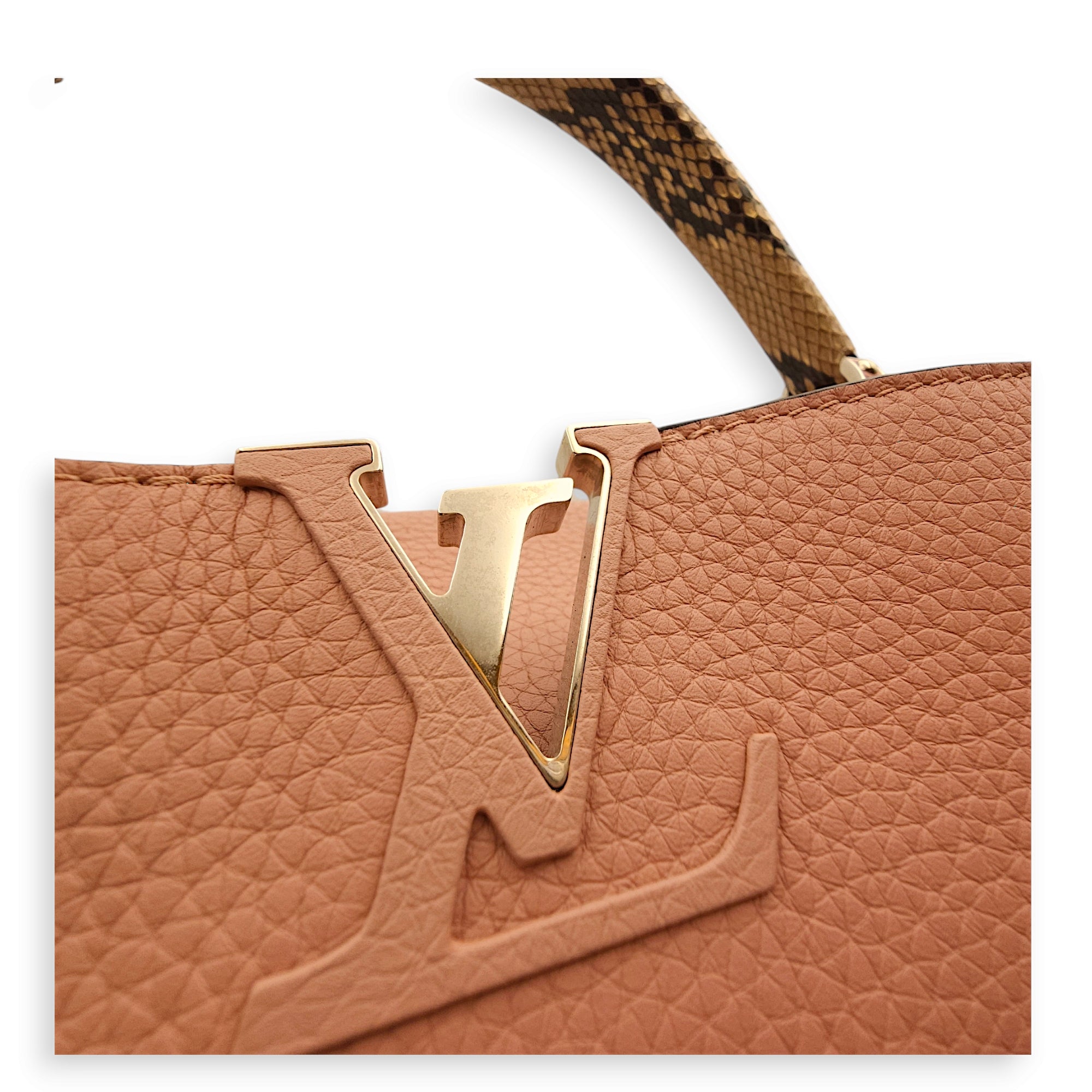 Capucines MM Magnolia / Beige/ Brown Python Handle Top Handle Bag in Taurillon Leather, Palladium hardware - Image 8