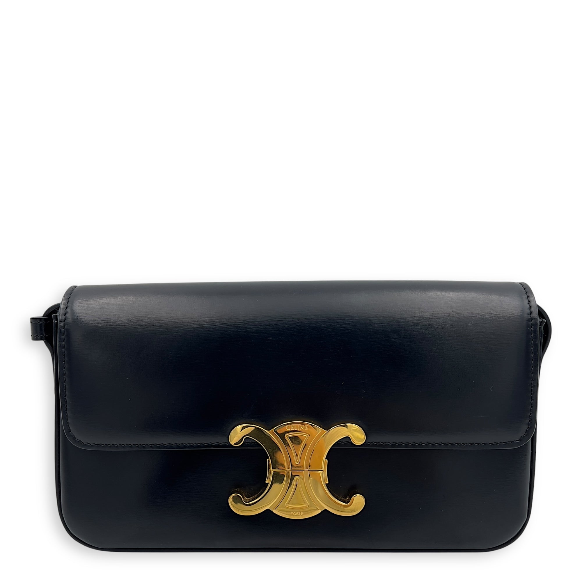 Triomphe Claude Black Shoulder Bag in Calfskin, Gold hardware