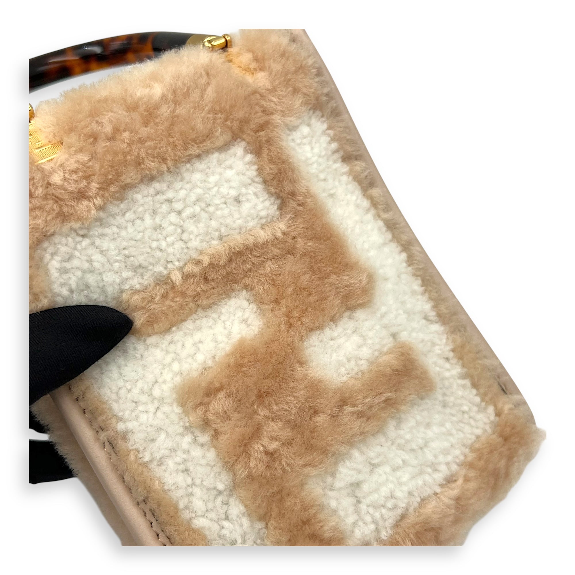 Sunshine Top Handle Bag Mini Beige in Faux Fur, Gold hardware - Image 7