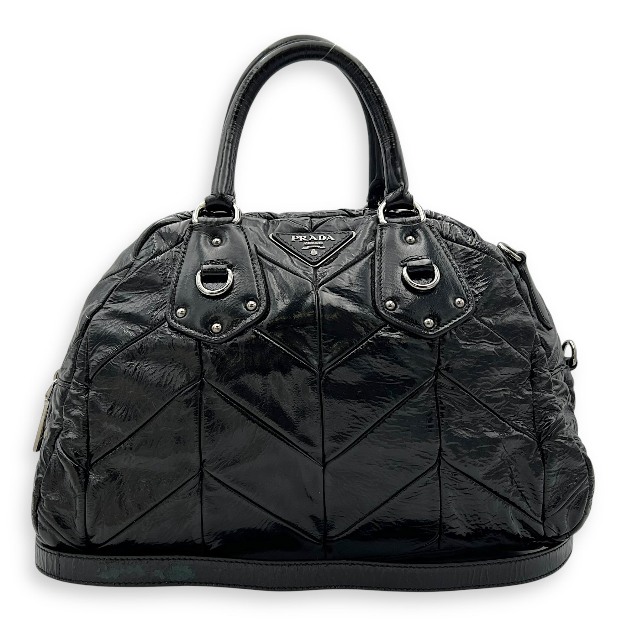 Quilted Top Handle Bag Black in Glazed Calfskin, Silver hardware - Image 13