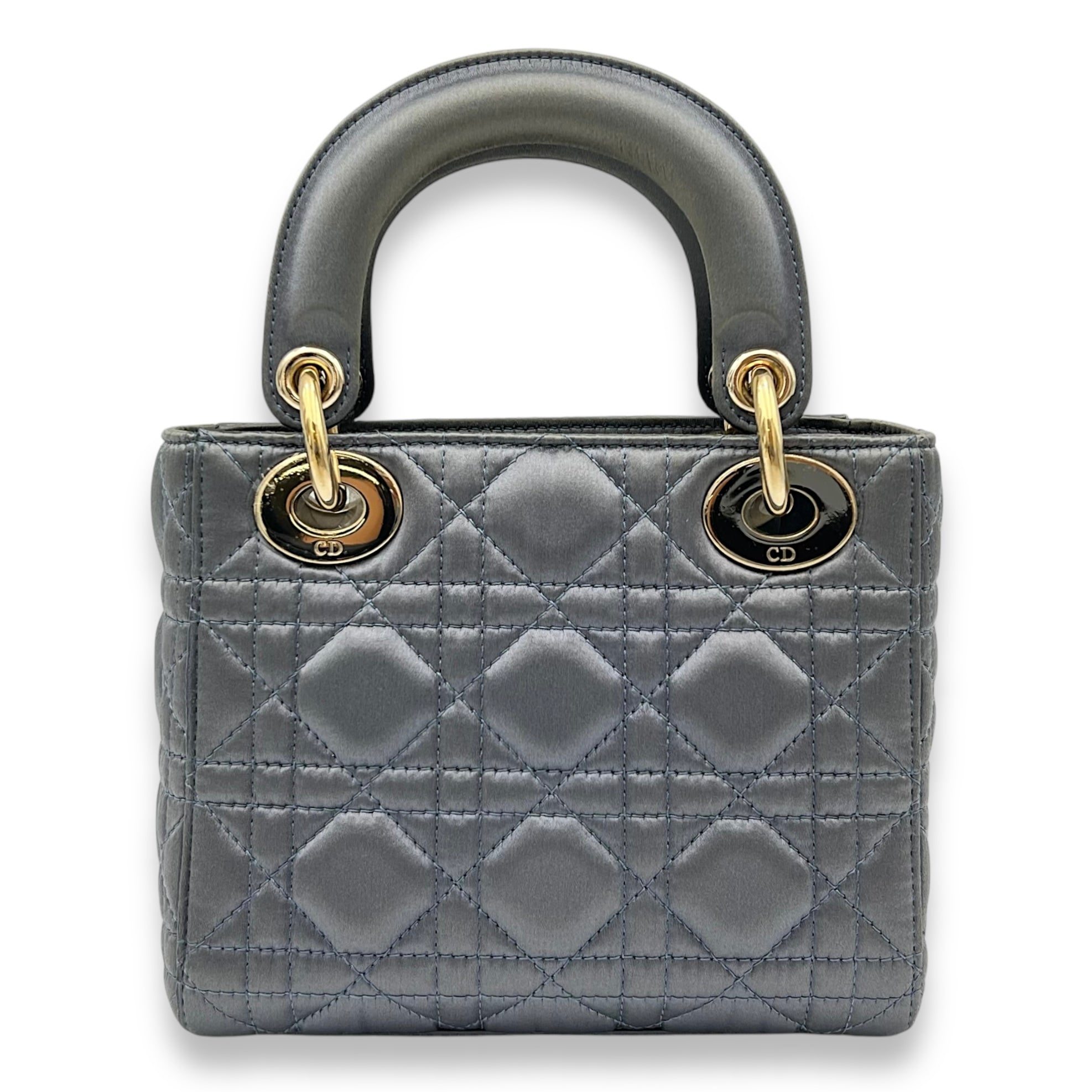 Lady Dior Top Handle Bag Mini Grey in Satin, Gold hardware - Image 3