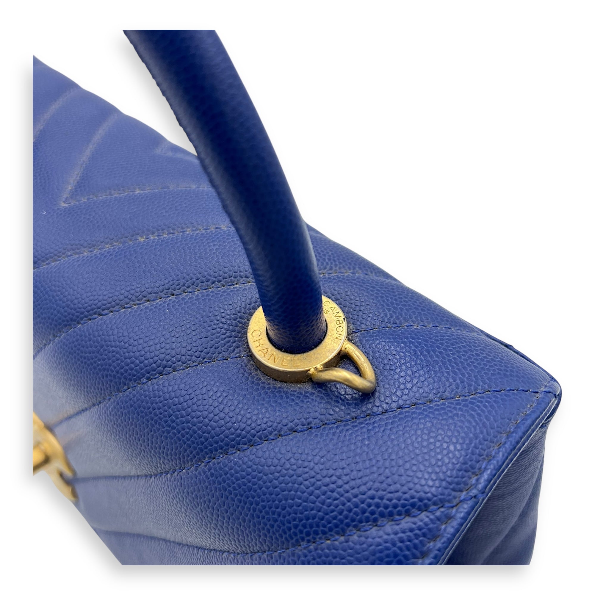 Coco Medium Blue Top Handle Bag in Caviar Leather, Gold hardware - Image 9
