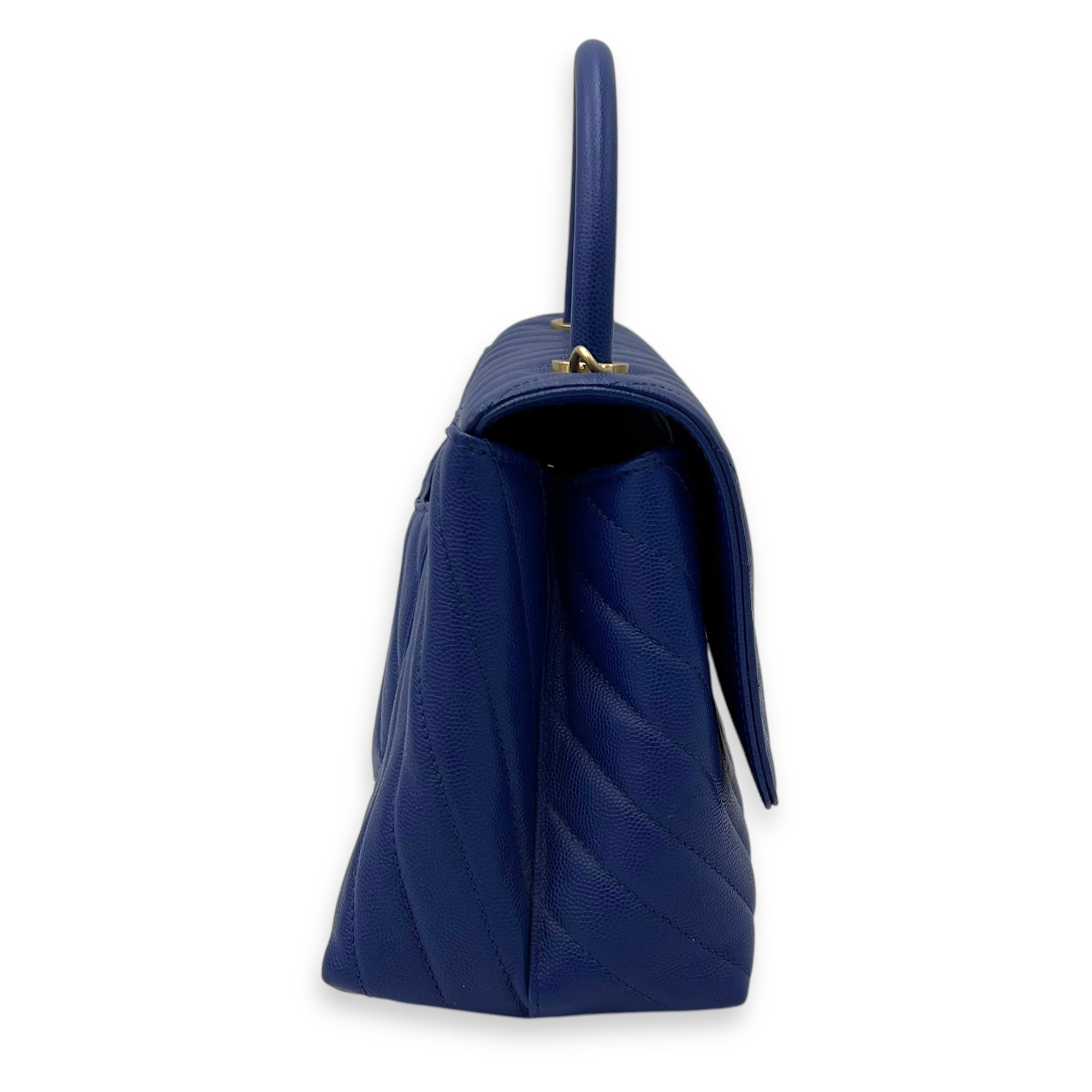 Coco Medium Blue Top Handle Bag in Caviar Leather, Gold hardware - Image 5