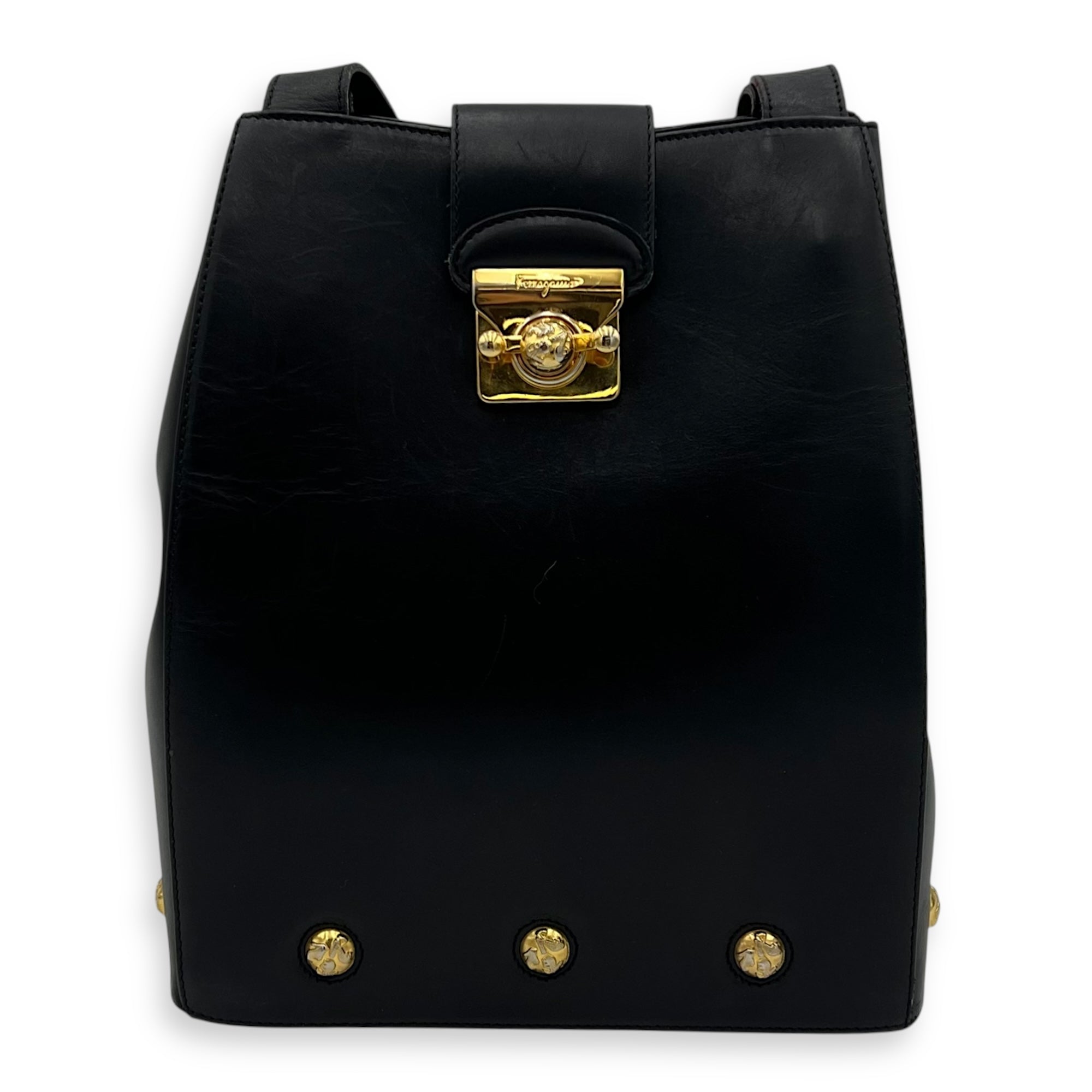 Gancini Black Shoulder Bag in Calfskin, Gold hardware