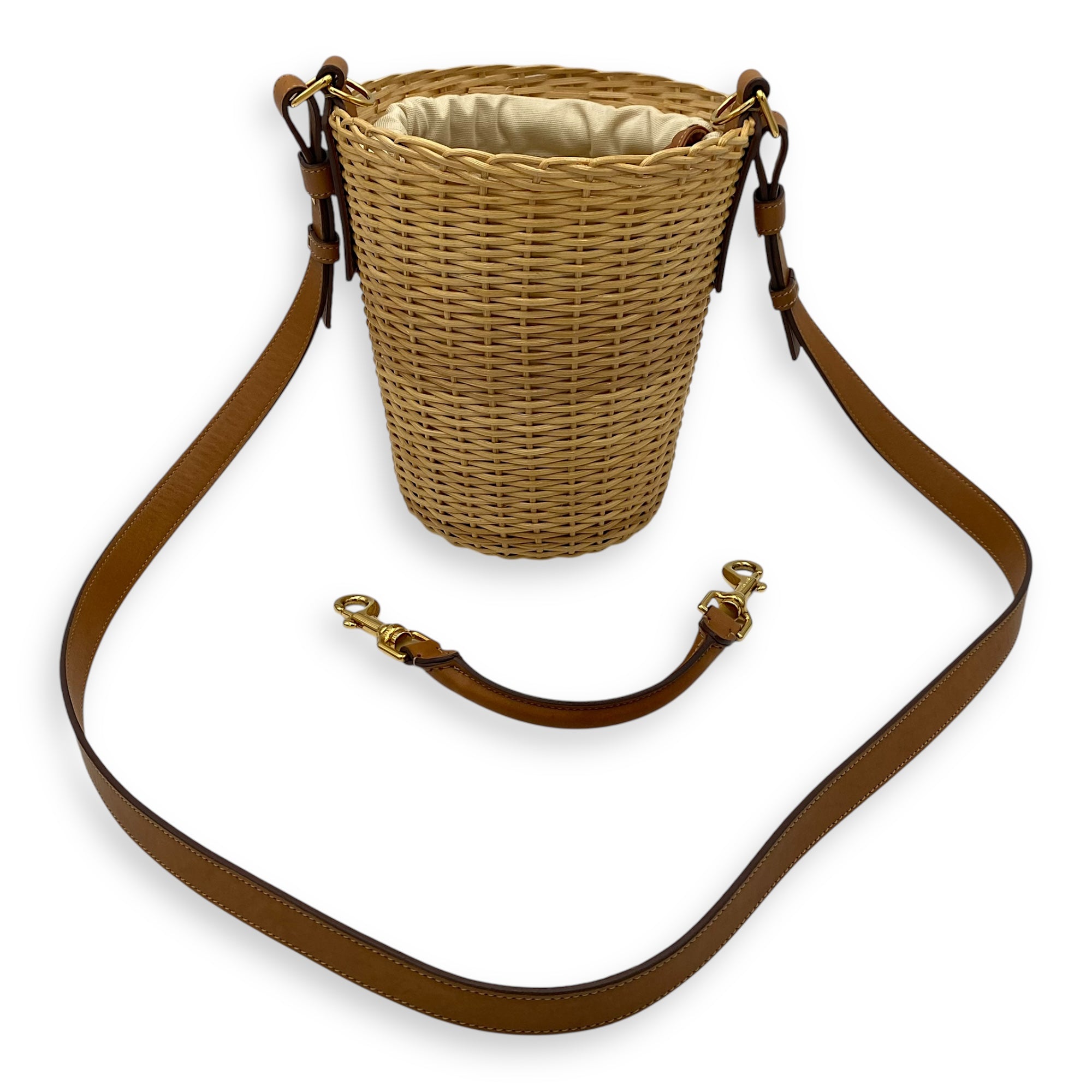 Wicker Bucket Brown Top Handle Bag in Rattan, Gold hardware - Image 10