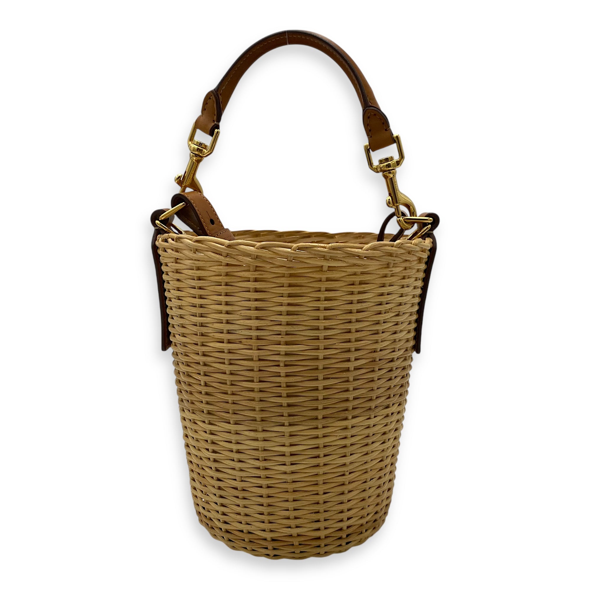 Wicker Bucket Brown Top Handle Bag in Rattan, Gold hardware - Image 3