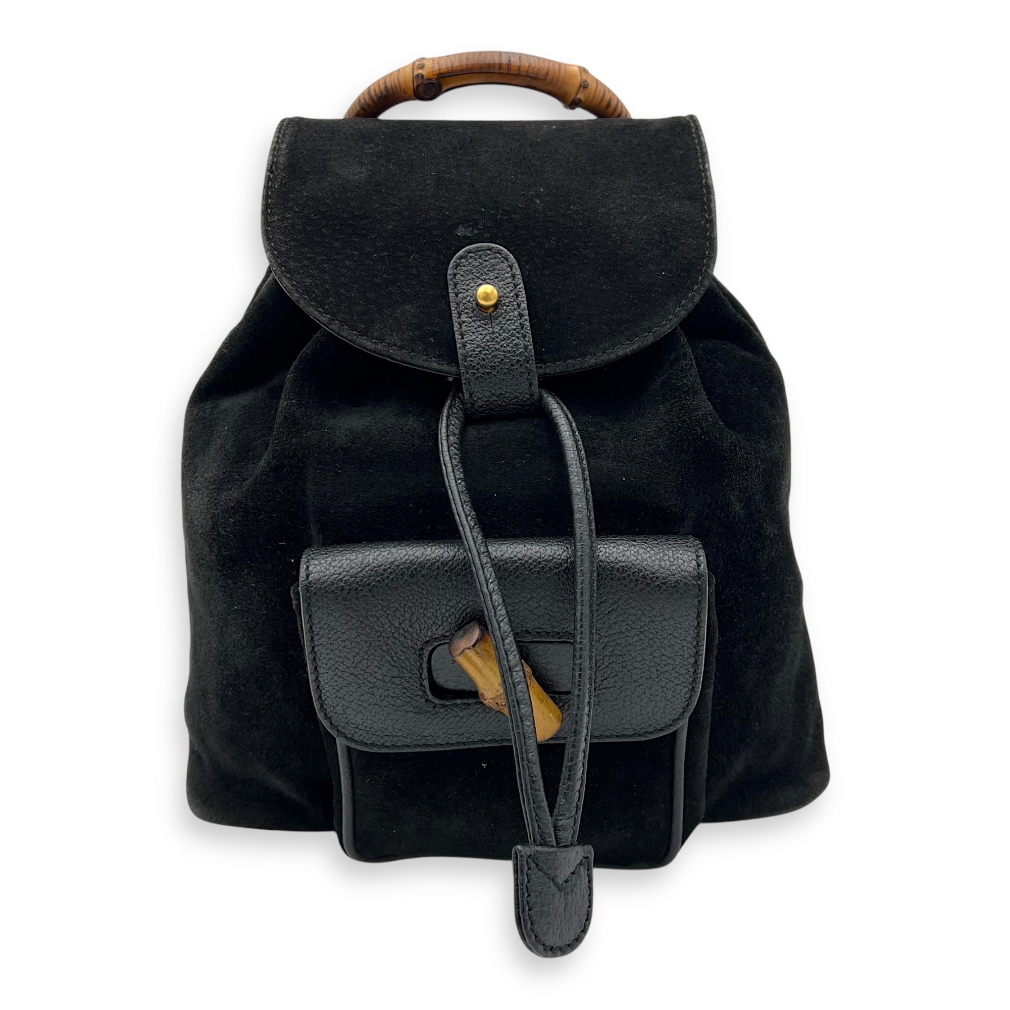 Bamboo Backpack Black in Suede Leather, Gold hardware