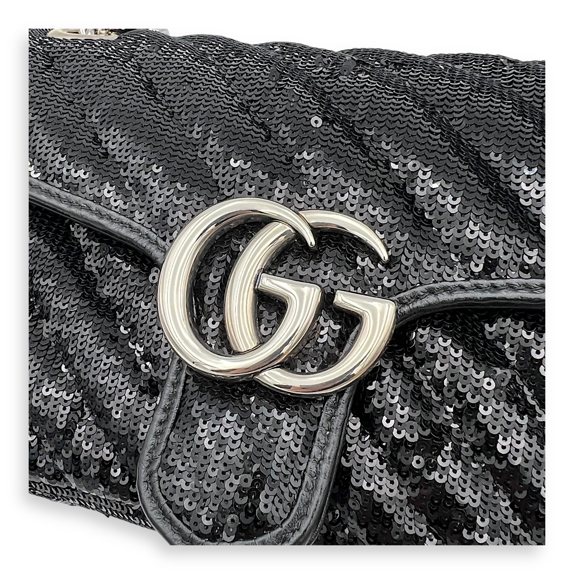 GG Marmont Shoulder Bag Black in Sequins, Silver hardware - Image 7